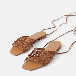 Zara Braided Flat Leather Sandals With Ties
